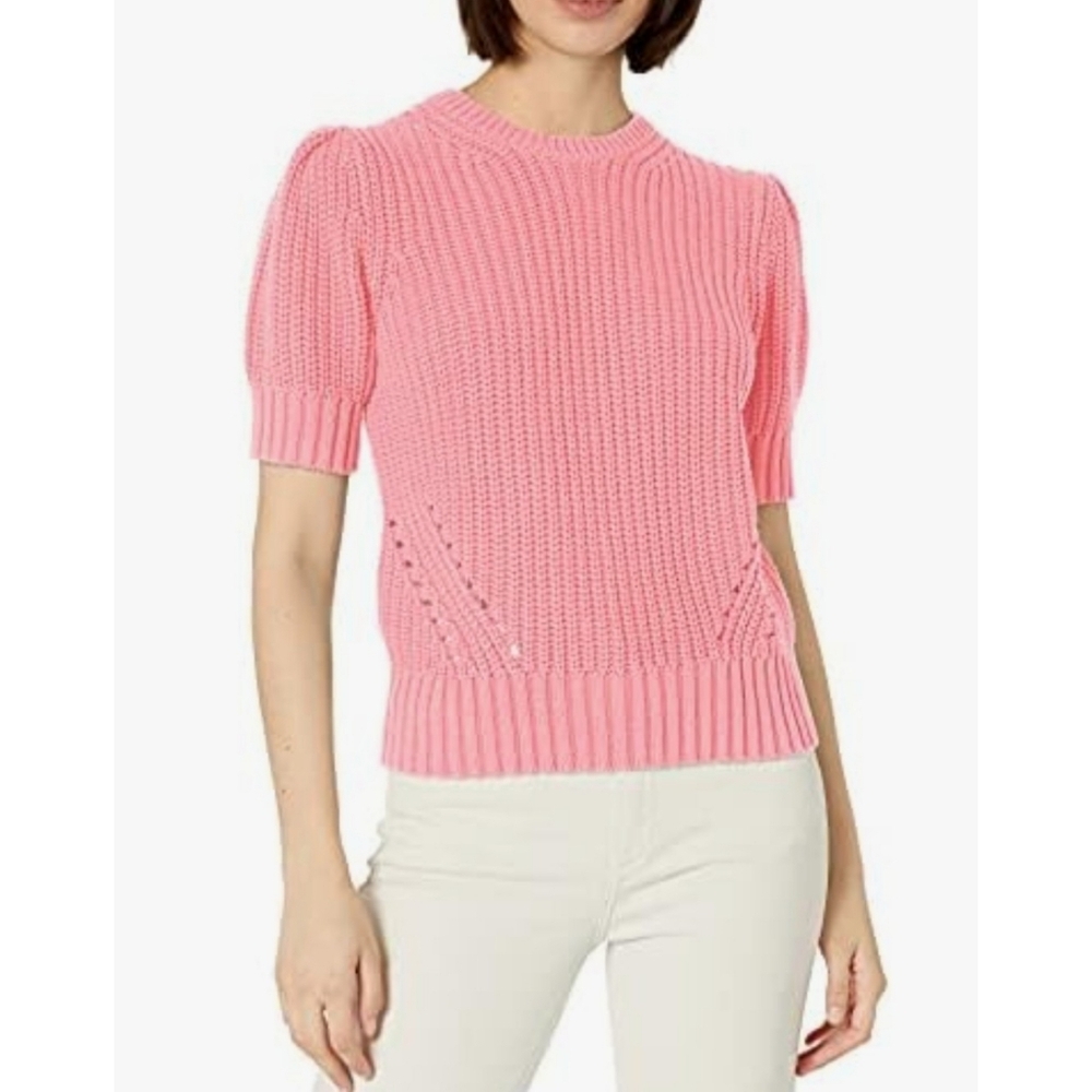 Lucky Brand Woman's Pleat Shoulder Chunky Knit Pink Short Sleeve Sweater